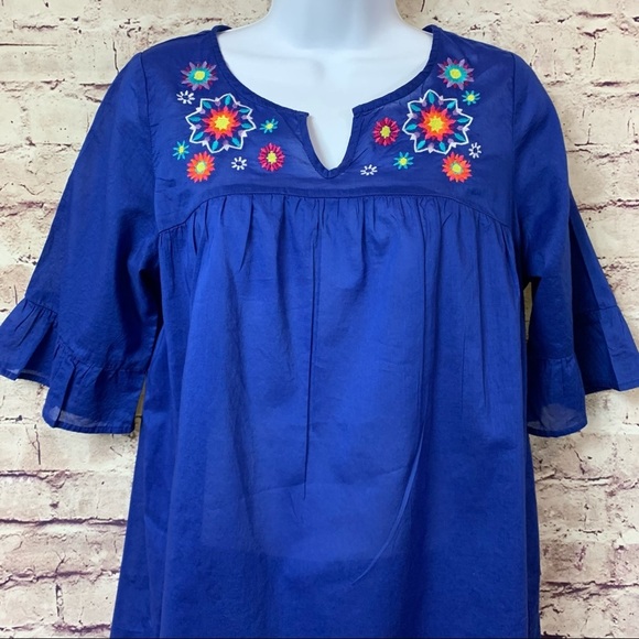Lands End Blue Floral Embroidered Short Sleeve Top - Picture 2 of 12